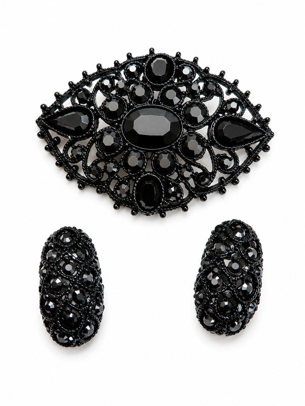St John Jet Black Swarovski Crystal Brooch Earrings Pendant Set Filigree Gothic